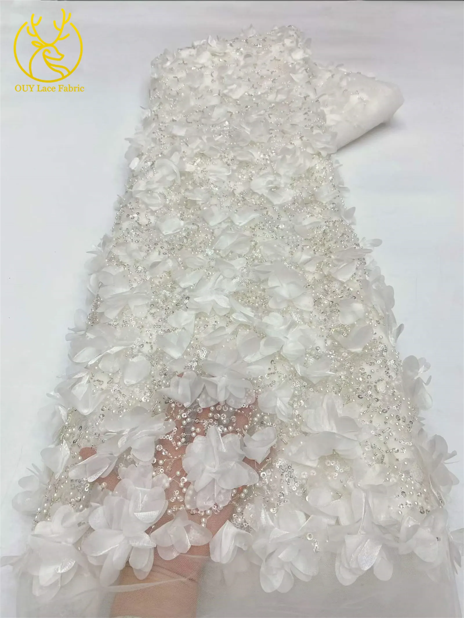 Afrikanischer Perlen-Pailletten-Spitzenstoff 2026 Schwarz 3D-Blumenstickerei Afrikanischer Spitzenstoff für Hochzeitskleid-Dekoration und Näharbeiten – Detail 9