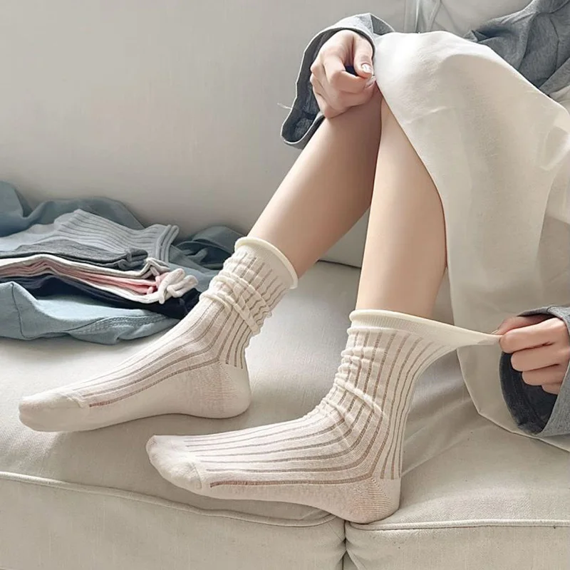 Calcetines largos con volantes para mujer, medias deportivas transpirables de Color sólido, suaves y sueltas, talla libre, rosa, blanco y gris, lote