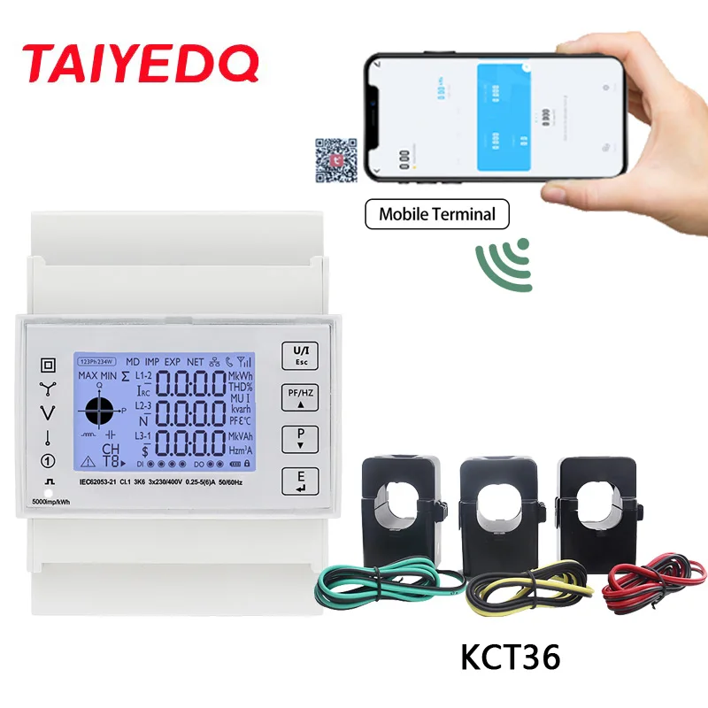 TAC4321CT Three Phase Din Rail WiFi Tuya Mutil-function Energy Meter With KCT36 Current Transformer  230/400VAC