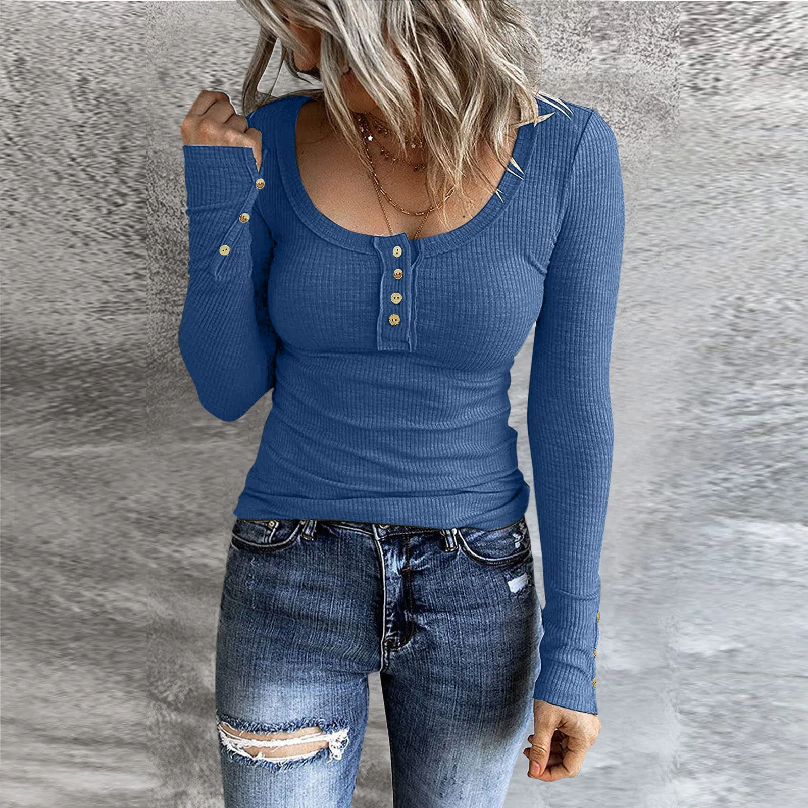 Women’s U Neck Solid Long Sleeve Henley T Shirts Button Down Slim Fit Tops Scoop Neck Ribbed Knit Shirts Skinny High Street Chic