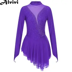 Women Figure Ice Skating Gymnastics Leotard Dress Lyrical Dance Ballet Costume Long Sleeve Shiny Rhinestone Sheer Mesh Dancewear