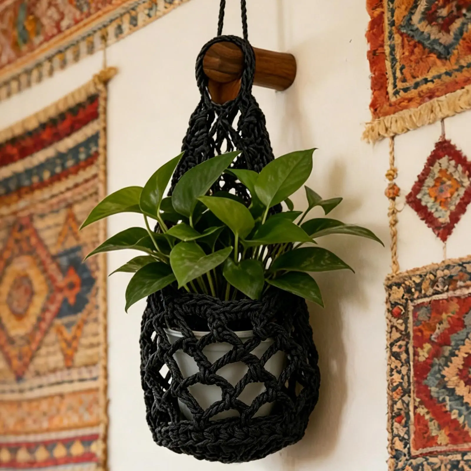 Boho Macrame Plant HangerBasket for Succulents Cotton Rope Woven Hanging Basket with Net Pouch Home Decoration Organizer