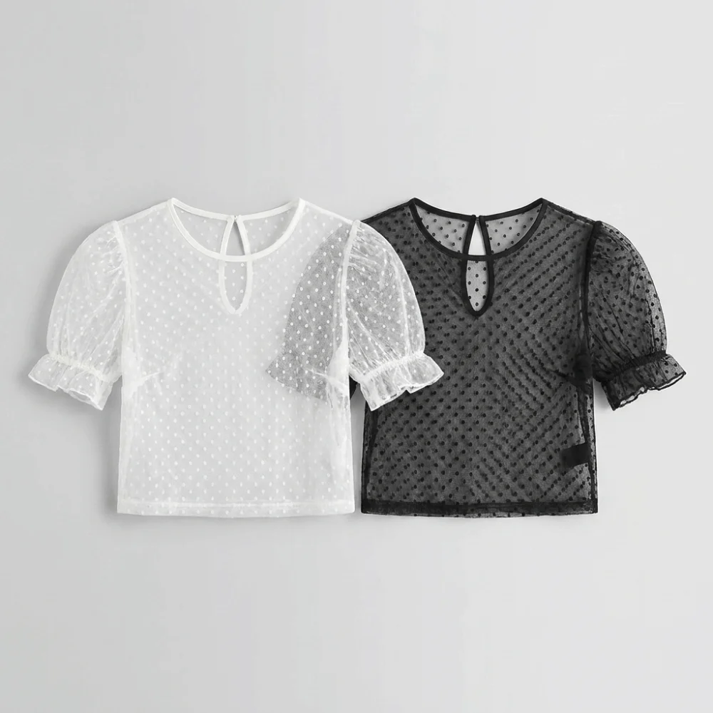 Sheer Mesh Oktoberfest Crop Top Polka Dot Puff Sleeves Dirndl Blouse Slim Waist Cropped Fit Polka Dot Blouse Stage Performance