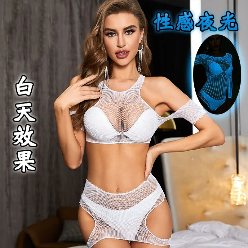 توهج الظلام مجموعة الملابس الداخلية النسائية شبكة صيد السمك انظر من خلال بيبي دول ملابس نوم مفتوحة المنشعب Bodystockings الحمالة المثيرة زي #2