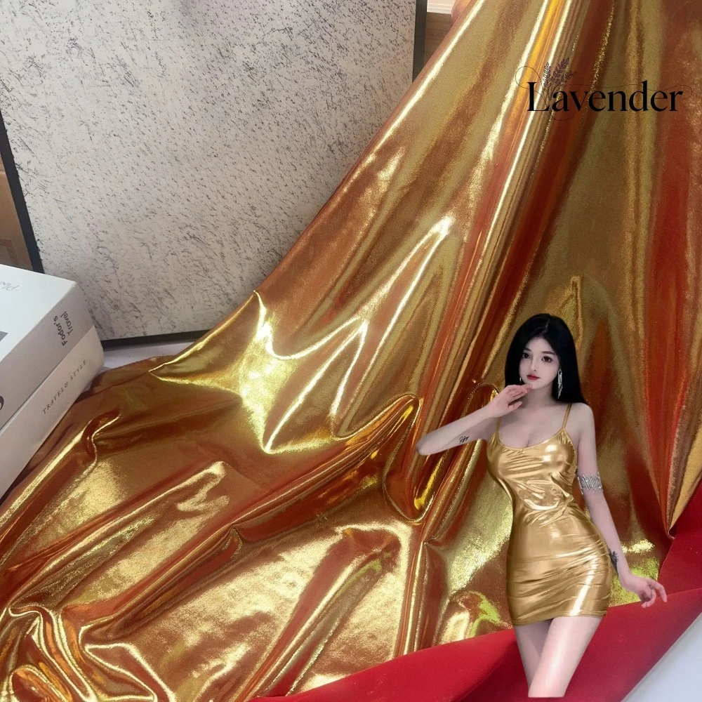 Double Stretch Spandex Ice Silk Gold Foil Knit Fabric Mirror Metallic Foil Material Stage Costume Swimsuit Designer DIY Fabric