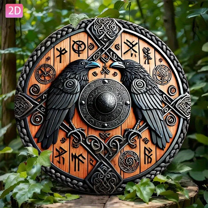 2D Flat, 1pc Viking War Shield Aluminum Wall Art - 20.32cm Round Retro Decor with Black Raven & Celtic Knots, Perfect for Home, image 5