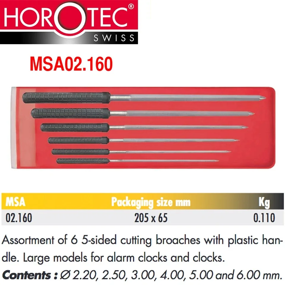 Horotec MSA02.160 Assortment of 5 Side Conical Cutting Broaches with Plastic Handle ø 2.20 to 6.00mm