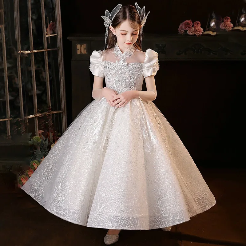 2024 Luxury Royal Party Dress for Girls Teenage Girl Elegant Sequins White Evening Dresses Children Gala Ball Gown Kid Partywear