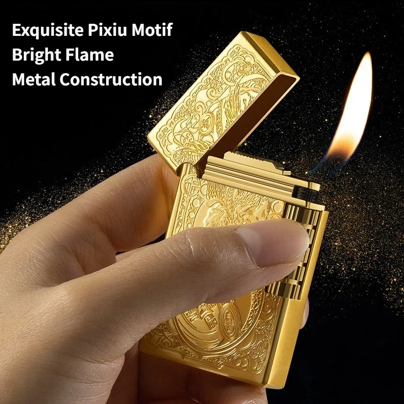Pixiu Pattern Side‑Strike Wheel Jing‑Sound Refillable Lighters, Classic Open Flame Design, Survival Fire Starter for Outdoor