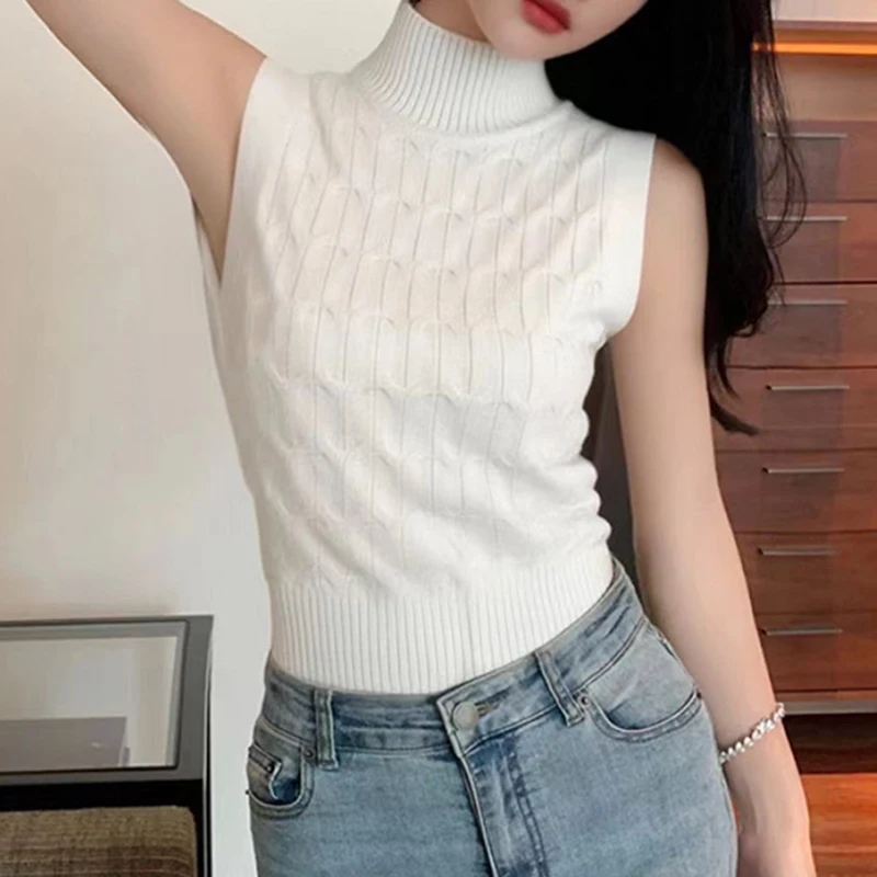 Women's Cable Knit Sweater Vest Mock Neck Sleeveless Fitted Pullover Sweater Tank Y2K Classic Crop Top Summer Outfit
