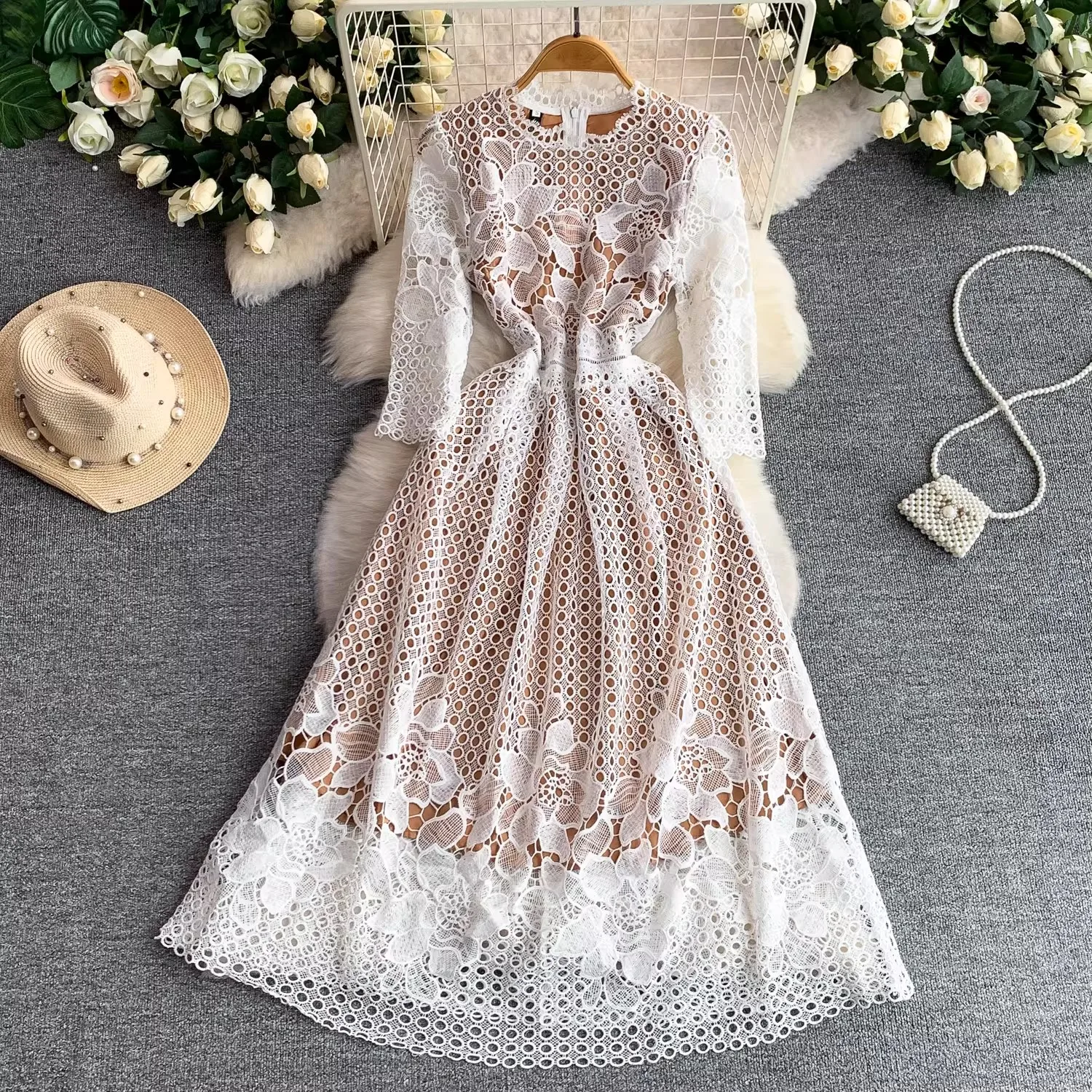 Women's Embroidery Lace Dress Short Sleeve Crochet Hollow out Midi Summer Formal Evening Gown for Birthday Party 5