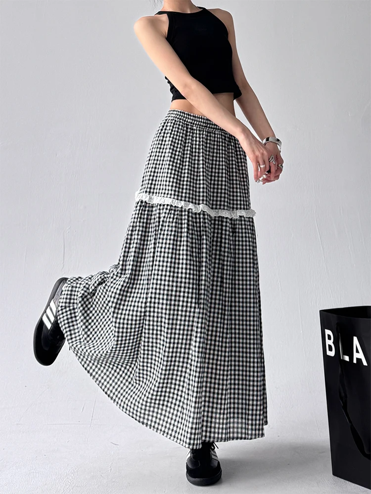 Gonna a trapezio scozzese a vita alta Primavera Estate da donna Nuova gonna lunga con elastico in vita patchwork con finiture in pizzo