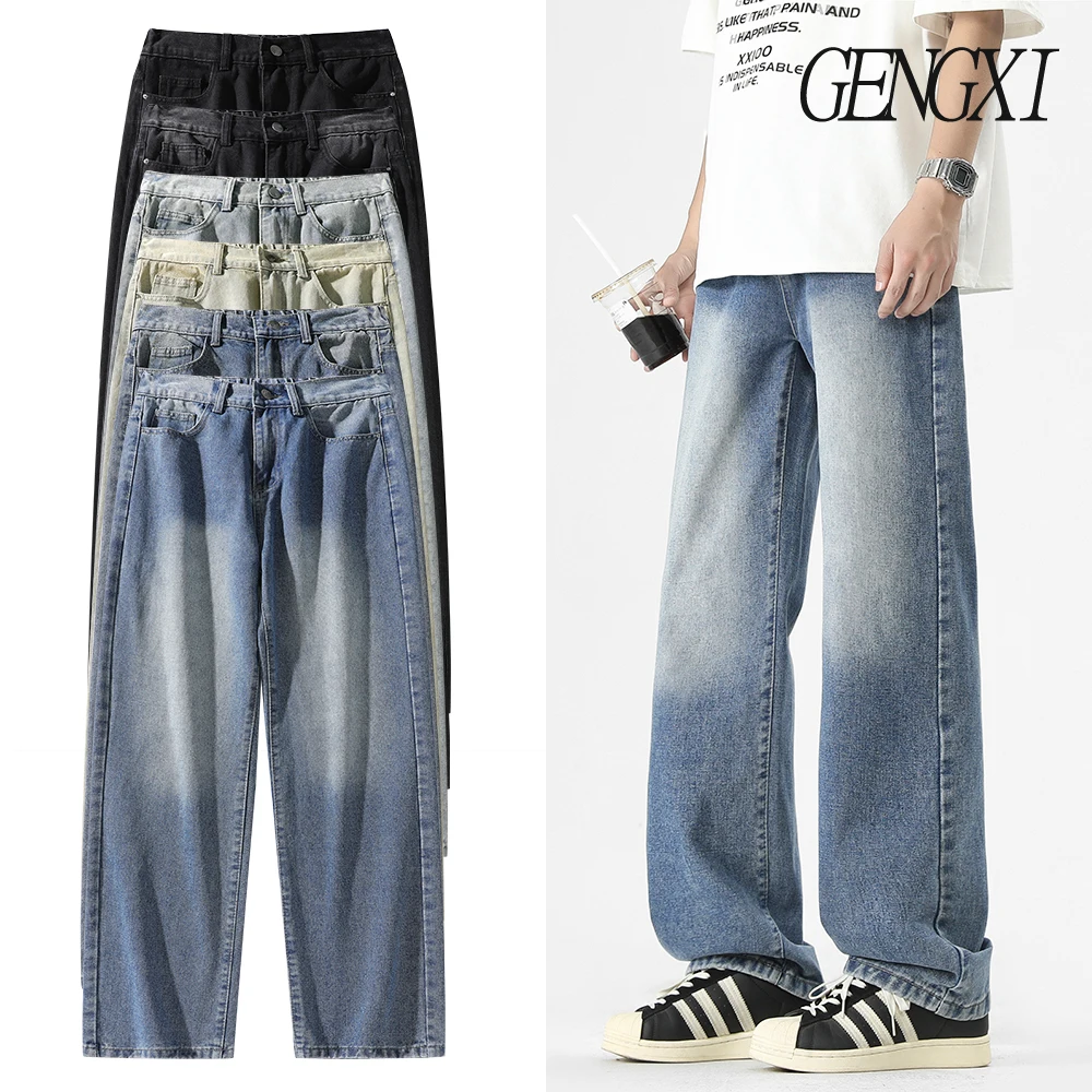 

Мужские потертые джинсы длиной до пола с градиентом и средней посадкой Y2K, широкие брюки в стиле ретро, прямые джинсы в корейском стиле