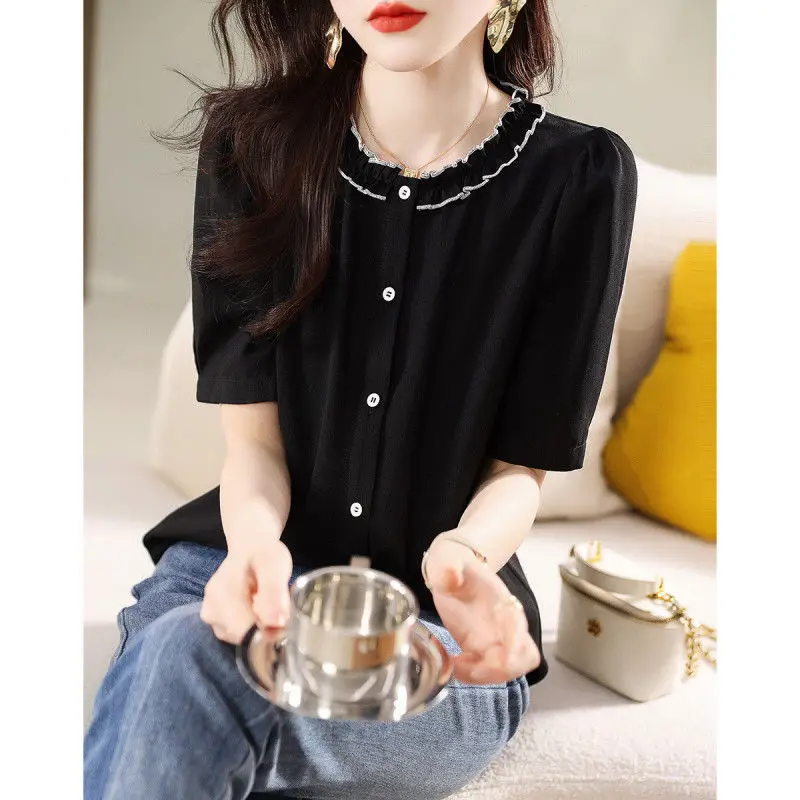 Fashion O-Neck Spliced Button Loose Short Sleeve Ruffles Shirt Women\'s Clothing 2023 Summer New Casual Tops All-match Blouse