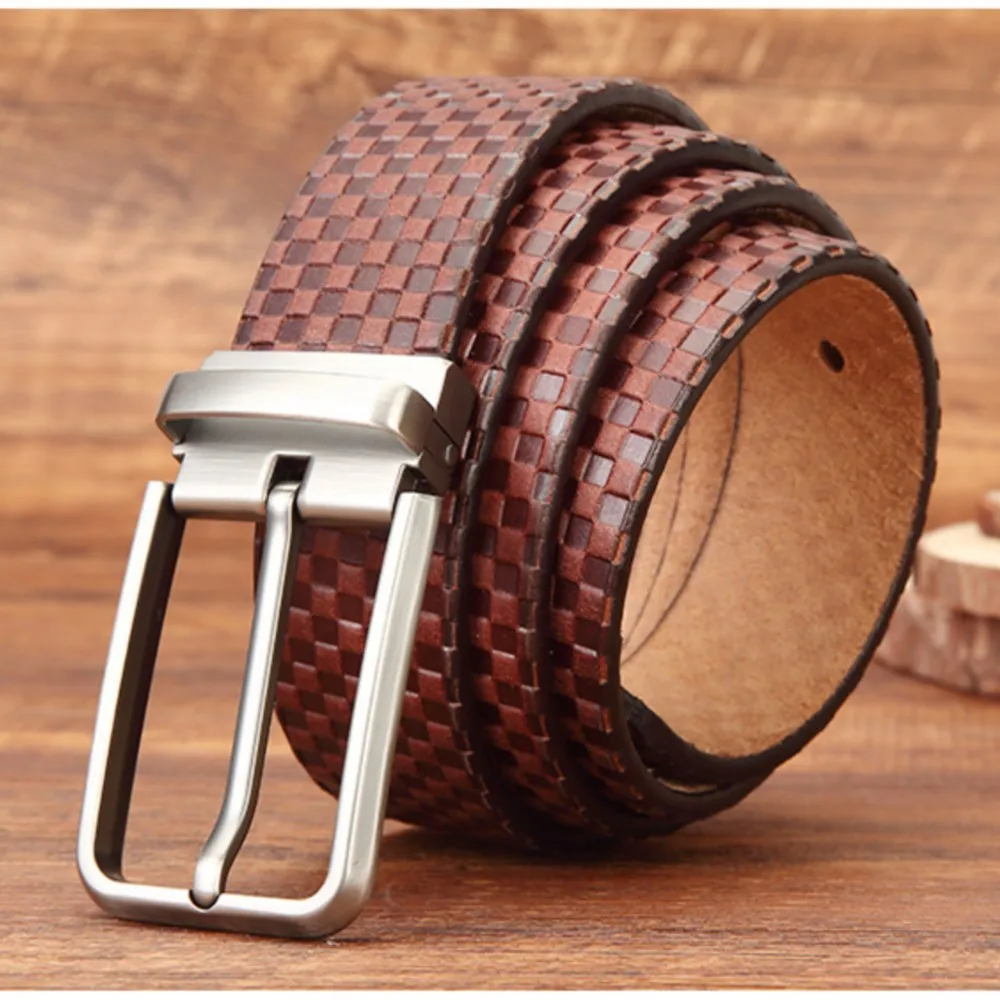 Men Top Grain Cowhide Pin Buckle Leather Belt Delicate Check Weave Ornament Elastic Cowhide Layer Matte Finished Shell
