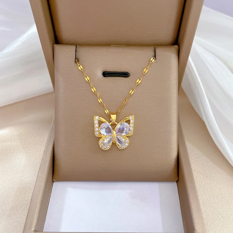 Stainless Steel Jewelry Set Of Earrings Pendant Necklace For Women Chic Fashion Rhinestone White Clear Butterfly Jewelry Set