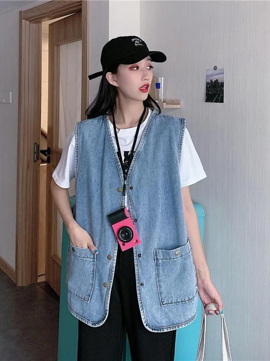 Large Size Denim Vest Women Spring Autumn Loose Fitting Outerwear Sleeveless Cargo Denim Vest Tank Top Jacket Streetwear