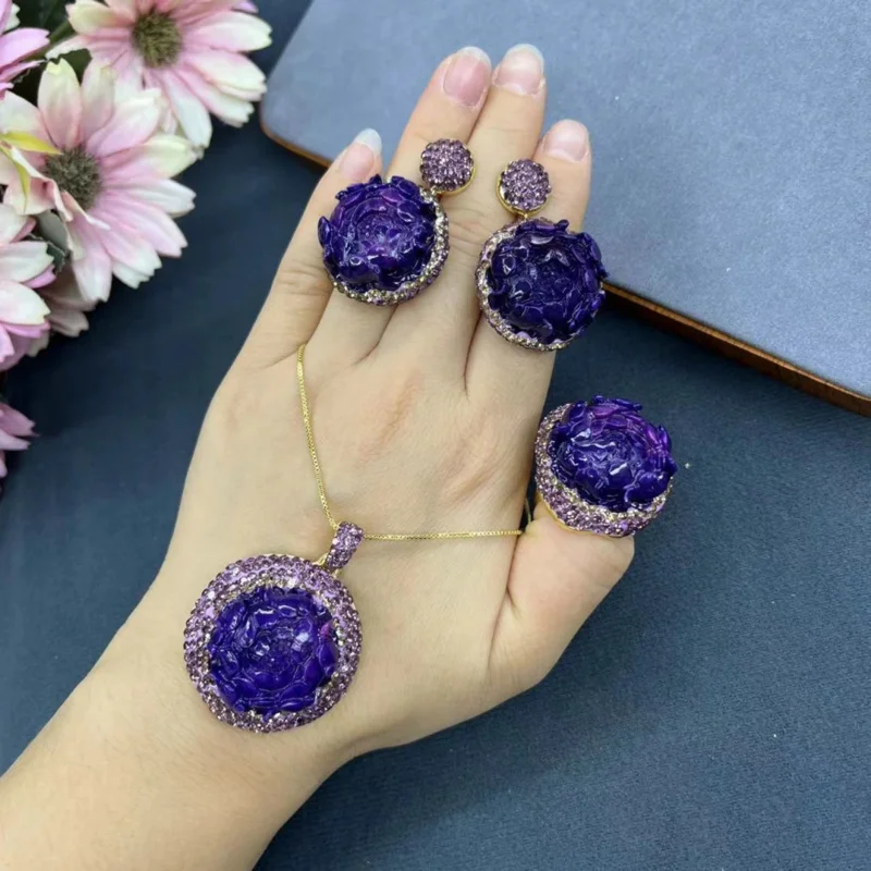 

New Optimized Shujulai Flower Collarbone Chain Earrings And Rings Handmade Rhinestone Women'S Jewelry Set