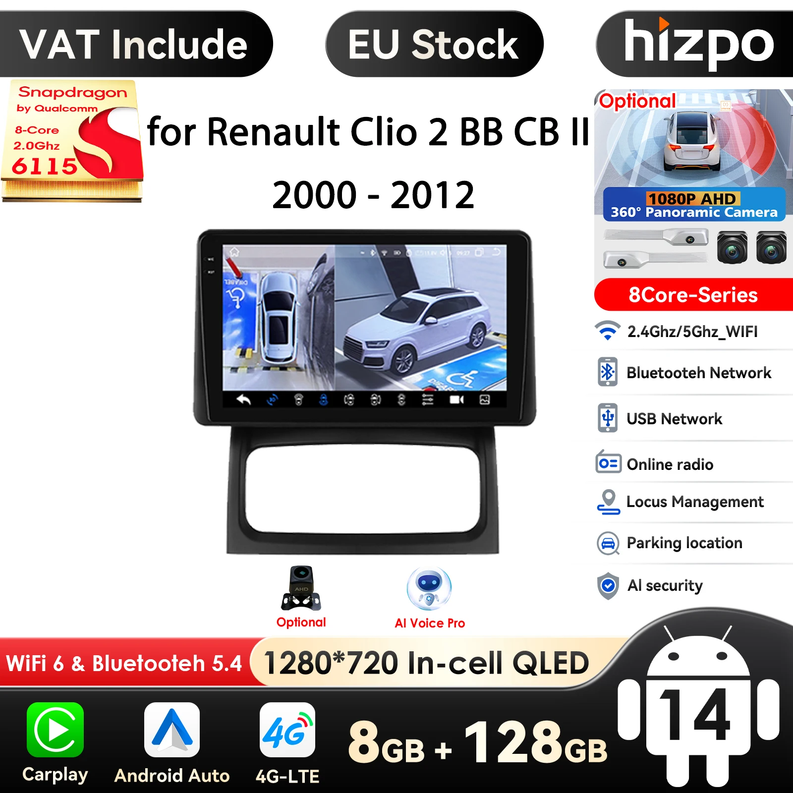 Hizpo Snapdragon Autoradio für Renault Clio 2 BB CB II 2000–2012 Multimedia-Video-Player WIFI Carplay Android Auto Stereo GPS 4G