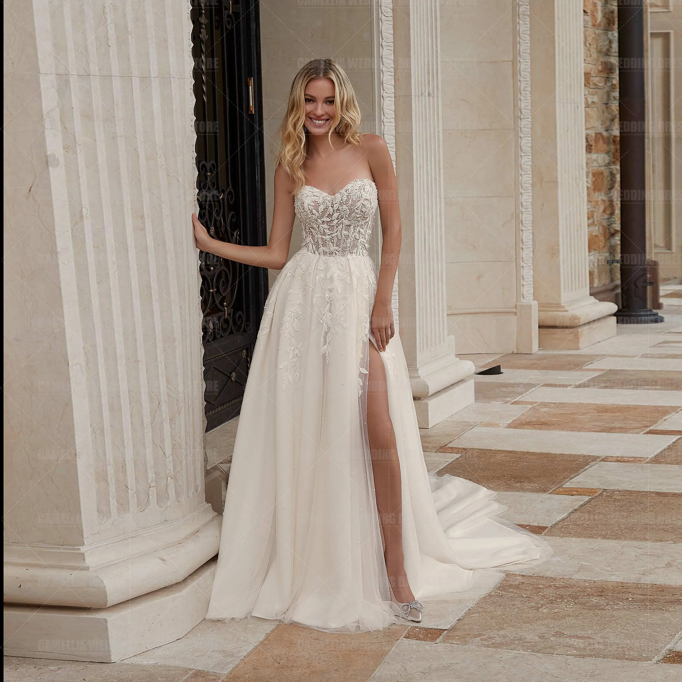 Robes de mariée A-ligne Boho pour femmes, appliques sexy, sur le côté initié, fendues, princesse formelle, mariée élégante, tout ce qui est éducatif, 2024