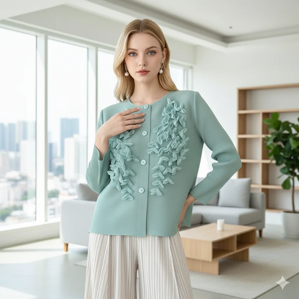 

Miyake Pleated 2026 Spring New Peplum Lace Top Fashion Pleated Cardigan Loose Fashion Casual Comfortable Solid Color Shirt Pleat