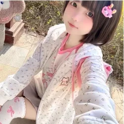 Y2K Pure Desire Lovely Cat Embroidery Fragmented Flower Hoodie Jacket Spring Summer Japan Sweet Loose Hooded Zipper Cardigan