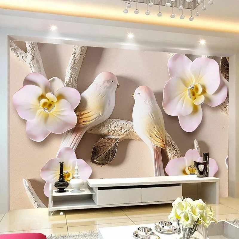 Creative Art Mural 3D Stereoscopic Flowers Bird Embossed Wallpaper TV Background Waterproof Canvas Wall Paper Customized Size