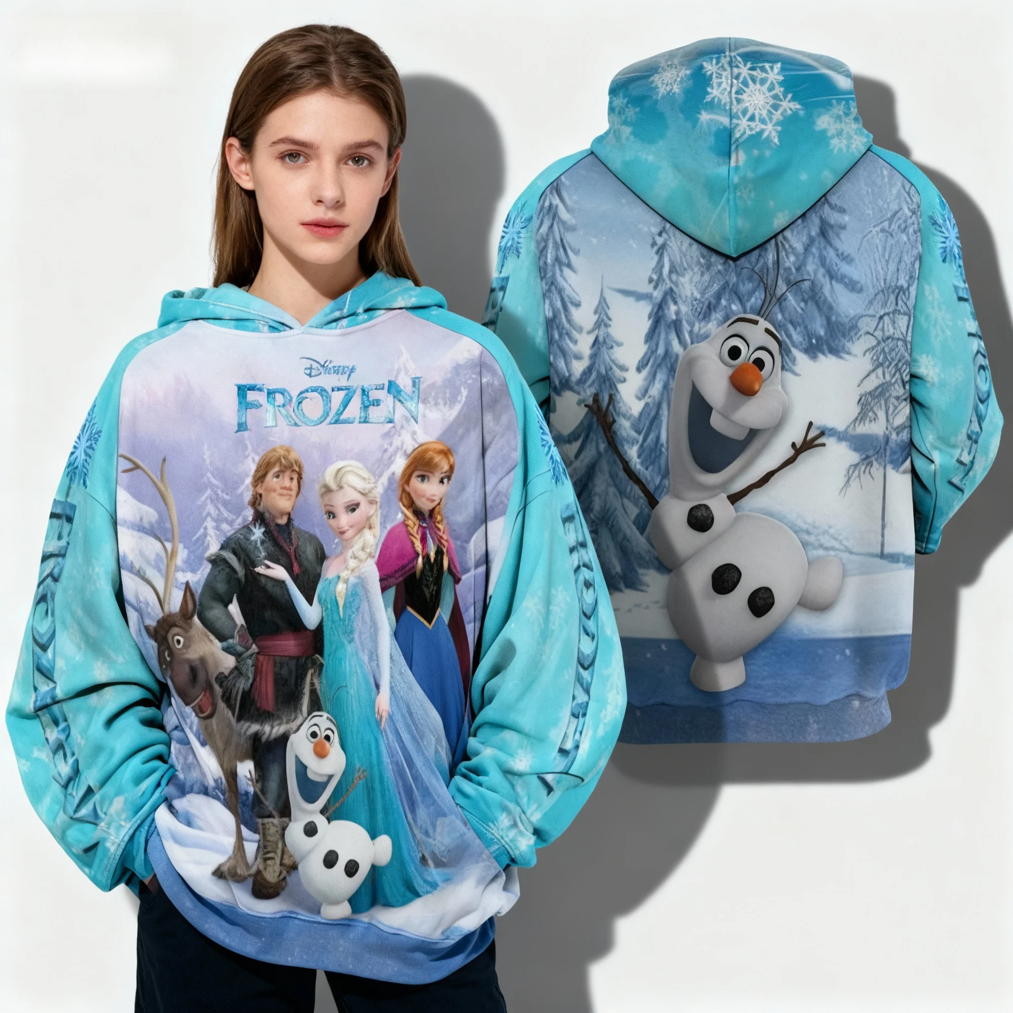 Disney Series Frozen Printed Sweet Cool Street Autumn/Winter Hoodie Oversized Women's Adult and Children's Same Size Jacket