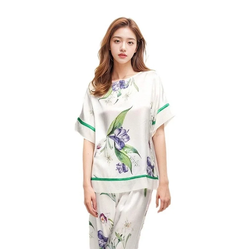 Women's Lightweight Silk Pajamas for Summer - 100% Mulberry Silk Short-sleeve and Long-pants Loungewear Set, Cool, Comfortable a