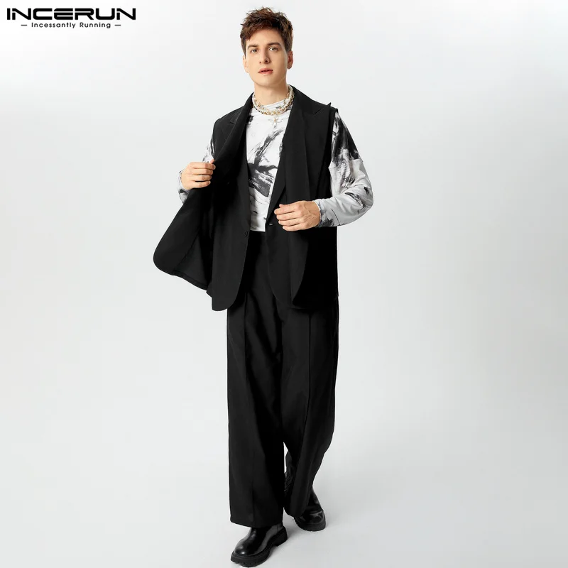 INCERUN Men Blazer Suit Notch Collar Sleeveless One Button Double Layer Blazer Vests And Solid Color Long Pants 2Pcs Pantsuit