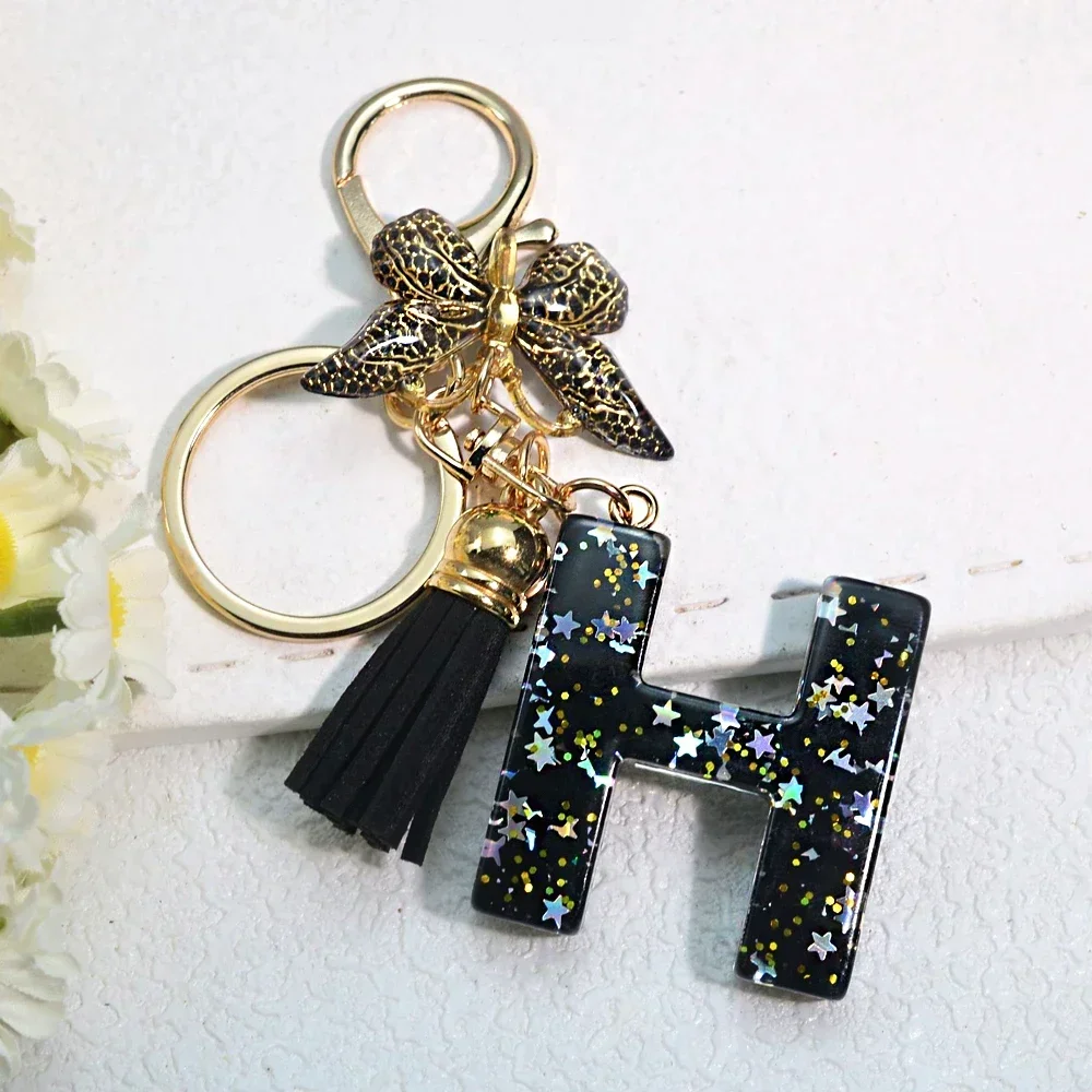 Black Color Resin Initial Letter Charms Keychain With Butterfly Tassel For Handbag Decoration Girls Birthday Festival Gifts