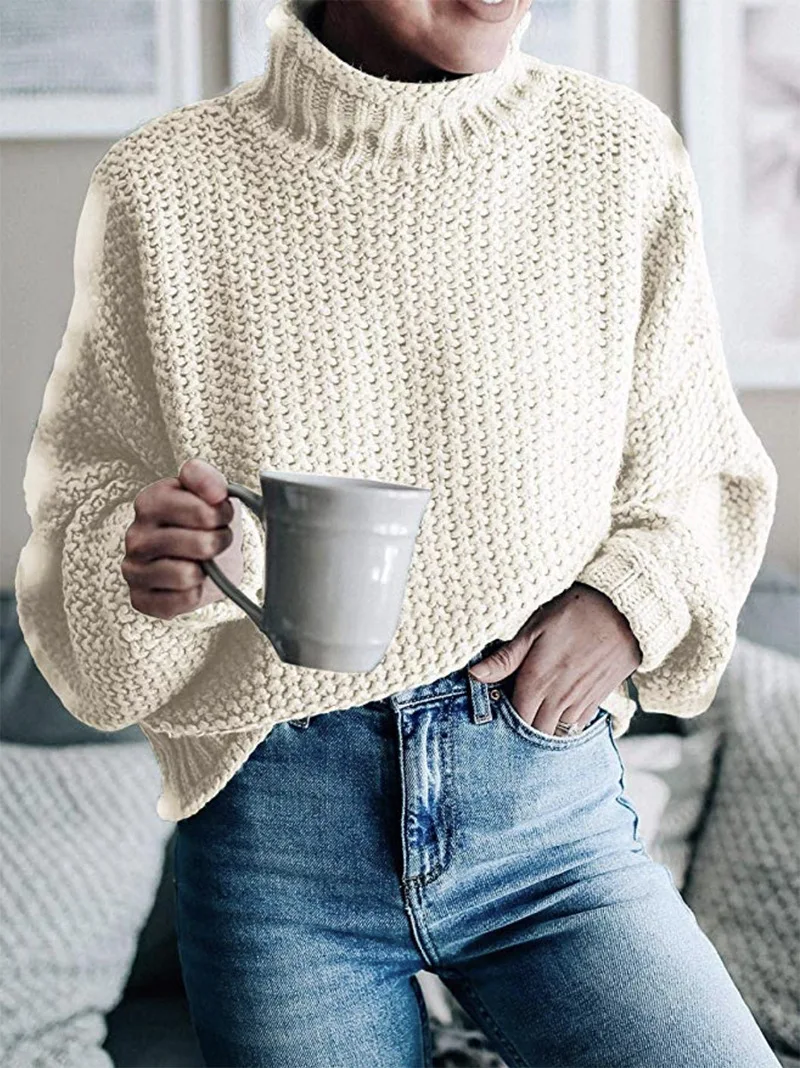 Autumn Winter Women's Knit Sweater Long Sleeve Turtleneck Plain Color Chunky Yarn Pullovers Chic Warm Sweaters for Women