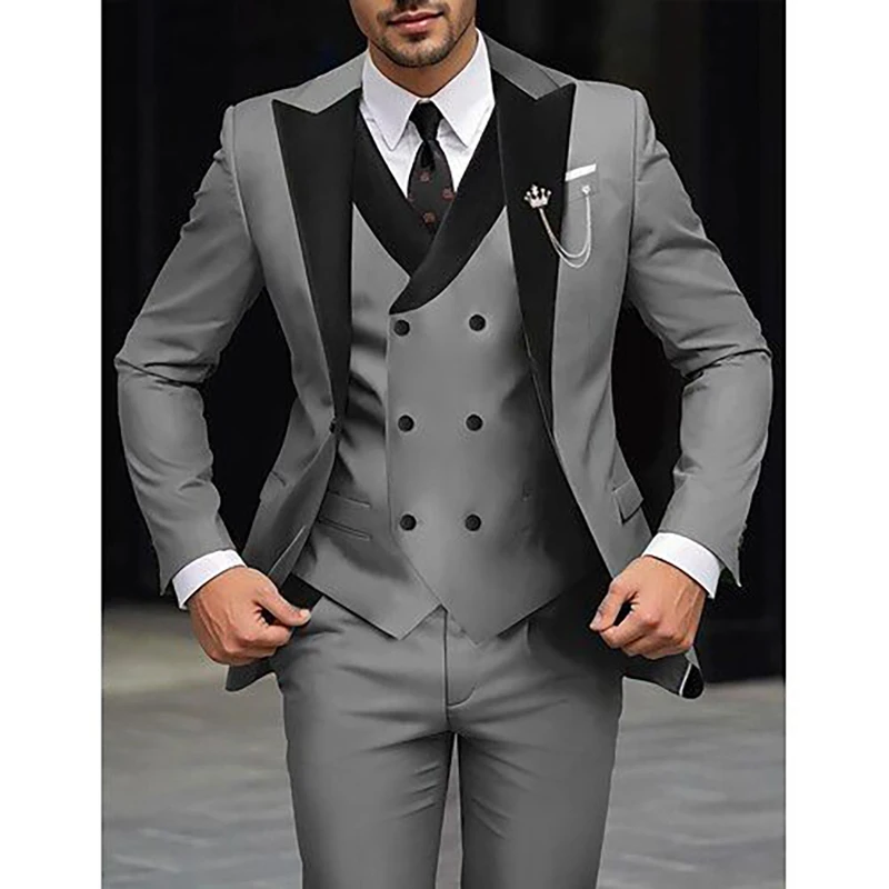 Fashion Men Suits Single Breasted Peak Lapel Slim Fit Male Clothing High Quality 3 Piece Jacket Pants Vest Full Sets Customized