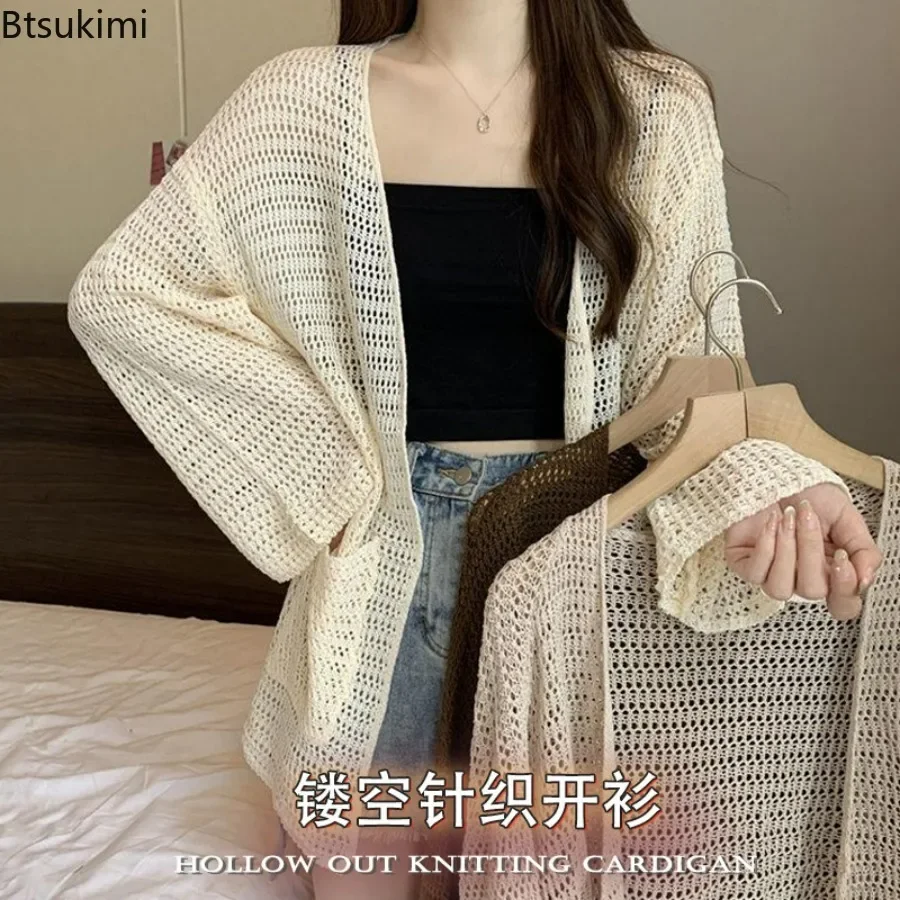 2026 Women's Spring Summer Hollow Out Sun Protection Knitted Cardigan Tops Korean Thin Cover-ups Loose Blouse Coat Shawl Female