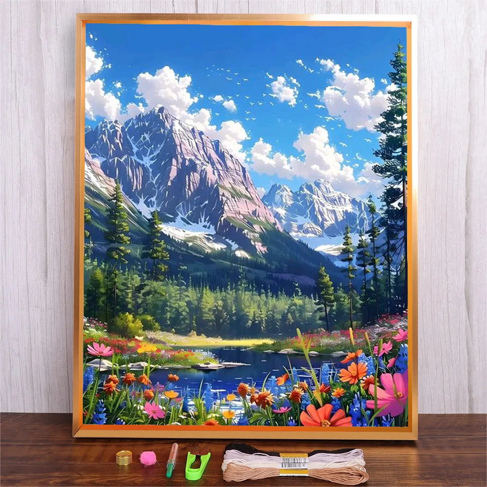 

Cotton Thread DIY Embroidery, Landscape Pattern Cross-stitch Set, Mountain Forest Printing Full Range Of Beginner Embroidery Kit