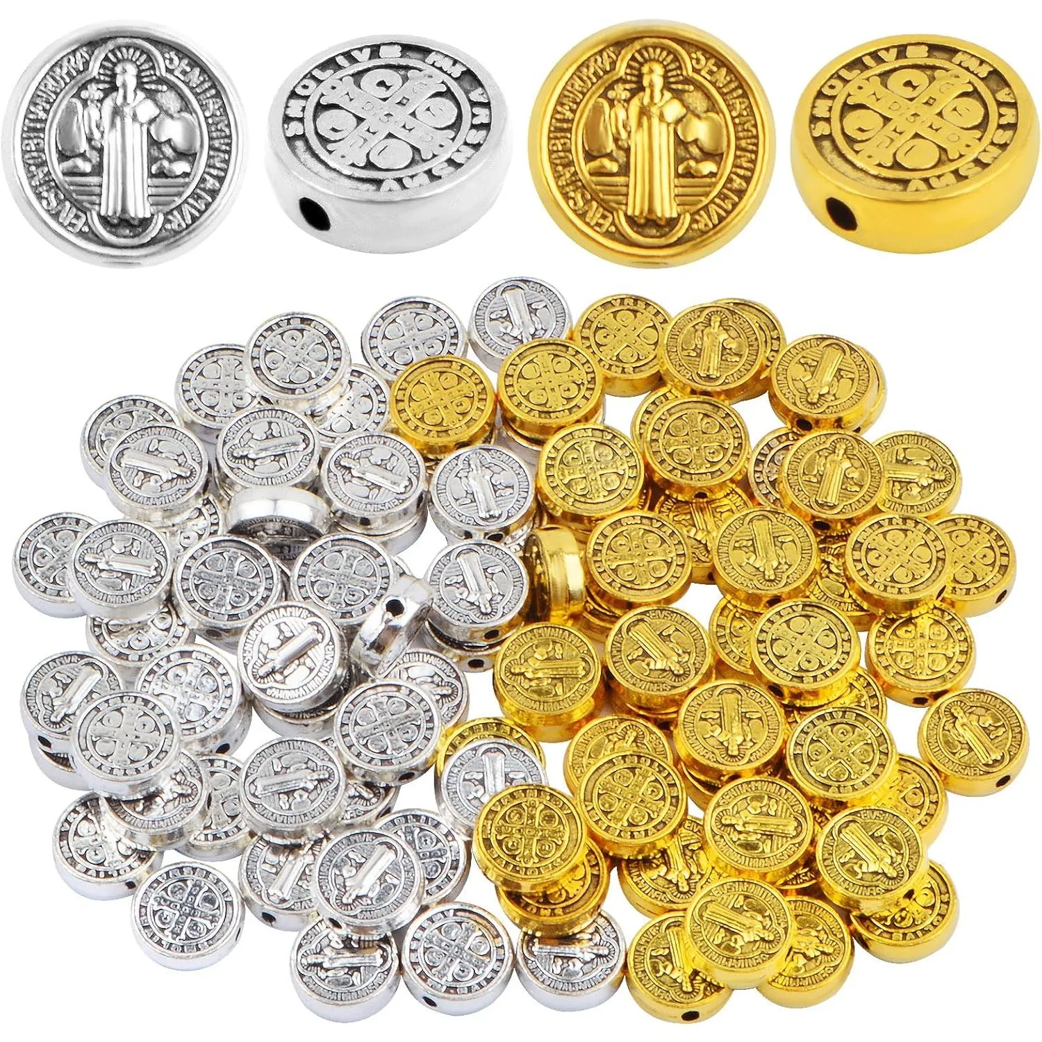 

100pcs Round Double-Sided Jesus Cross Spacer Beads Catholic Saint Benedict Beads for DIY Rosary Bracelet Necklace Jewelry Making