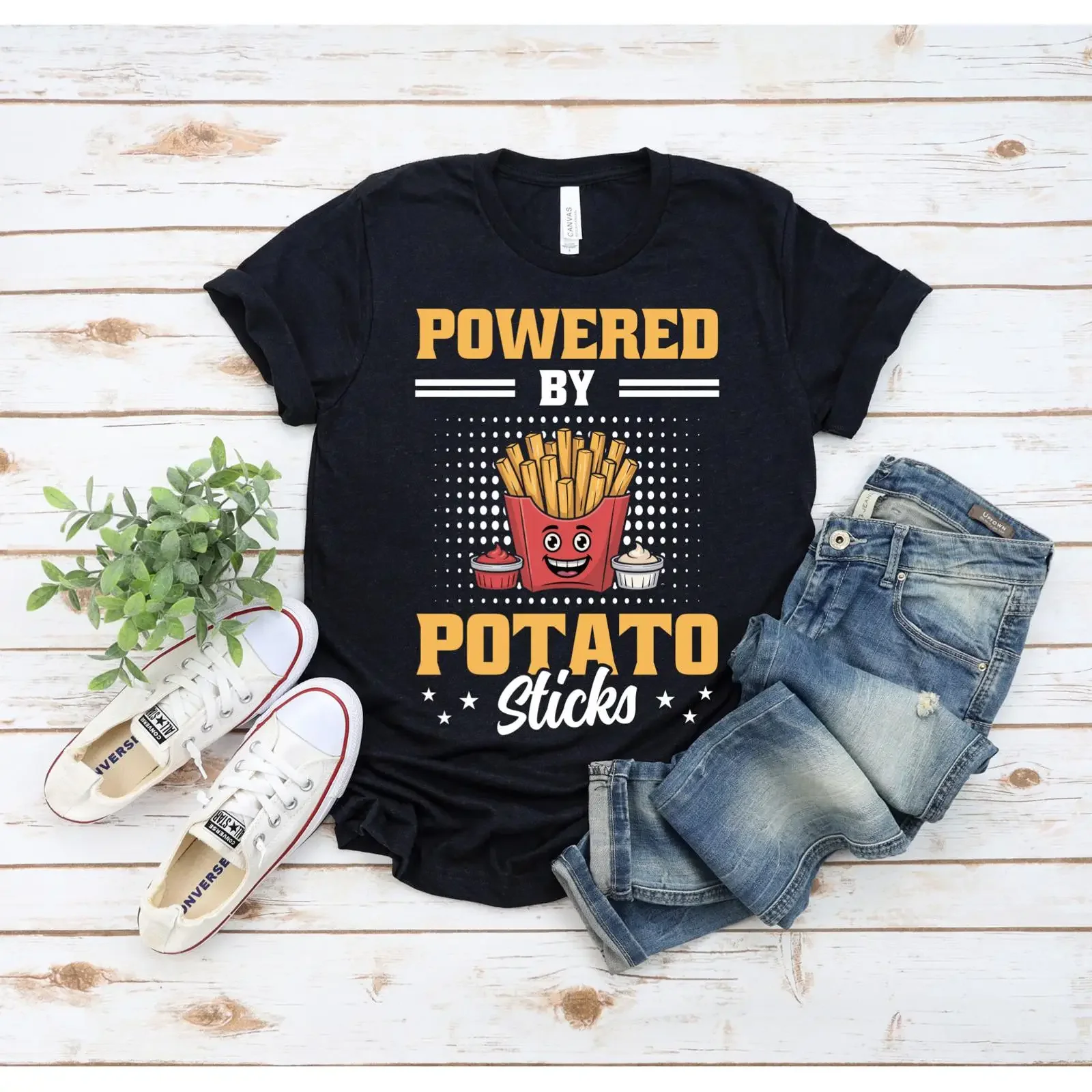 Camiseta divertida con diseño de patatas fritas, salsa de tomate y patatas, estilo Kawaii francés, vintage, con gráfico lavado, para uso diario