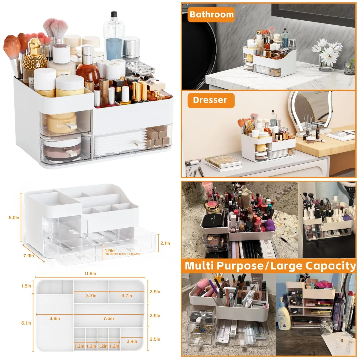 

White Makeup Organizer with Drawers - Large Skincare Storage for Countertop, Desk, Dresser