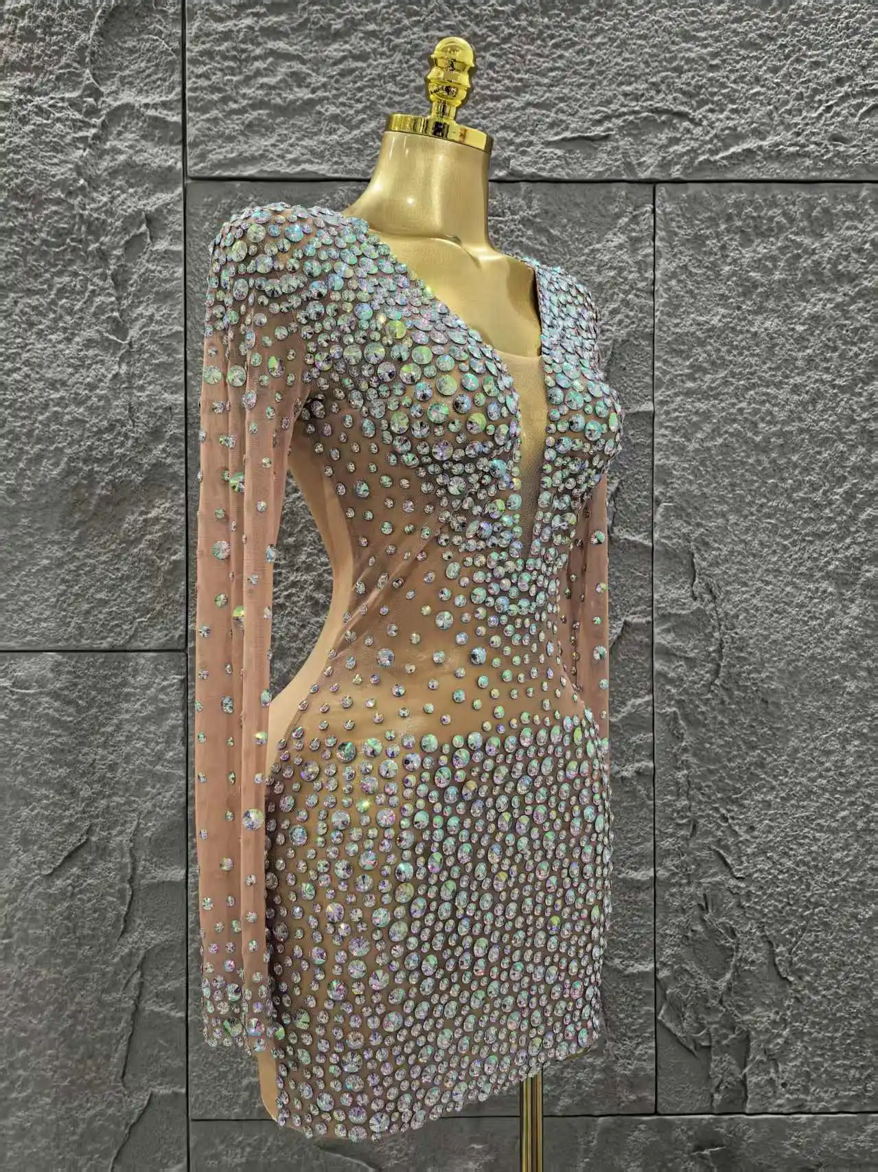 

Fashion Long Sleeve High Stretch Shinning Colorful Crystal Bodycon Mini Dress Celebrate Evening Party Cocktail Outfit