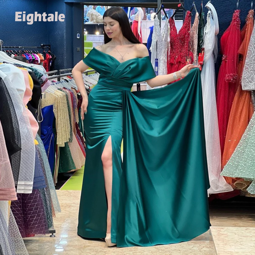 

Eightale Green Prom Dresses Off The Shoulder Satin Dubai Mermaid Evening Gowns Slit Women Formal Party Dress for Wedding 2022