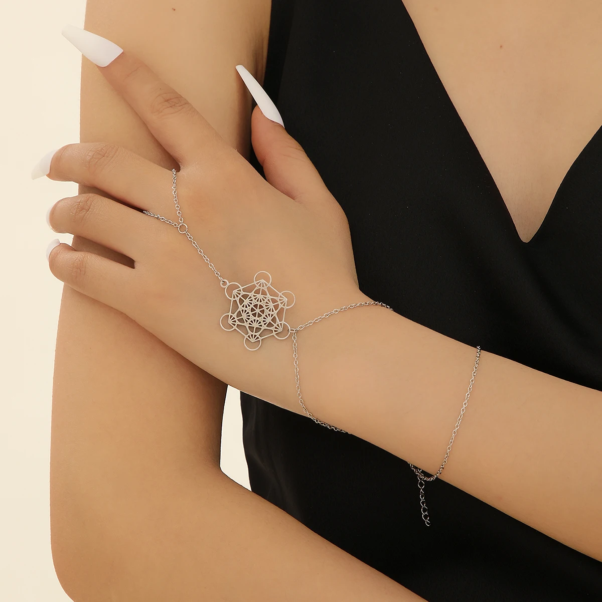 Metatron Cube Meditation Link Chain Wrist Bracelet Connected Finger Ring For Women Hand Harness Religiosus Jewelry