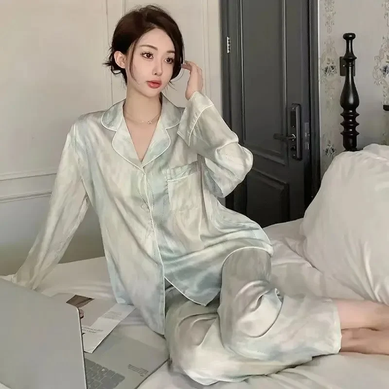 Casual Nightdress Ice Silk Floral Pyjamas Women Spring Autumn Pajamas Lapel Long Sleeve Printed Loungewear Set Loose Comfortable