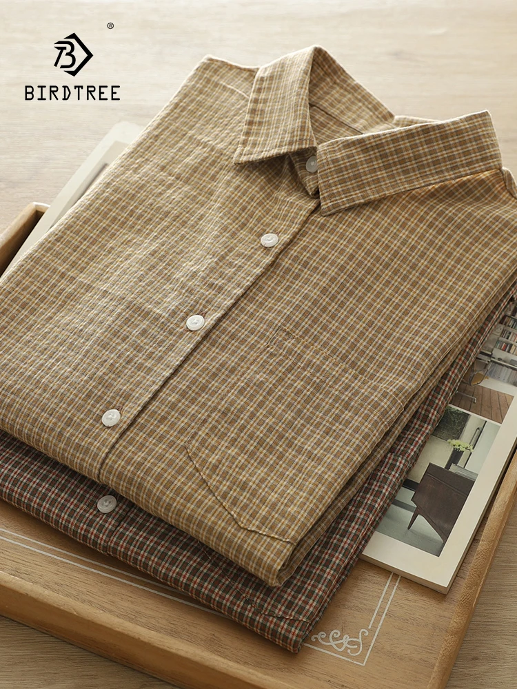 

Новинка 2025, осенняя хлопковая рубашка с длинным рукавом, женская клетчатая рубашка с отложным воротником, модная удобная свободная блузка Mori Girl OL T58259CC