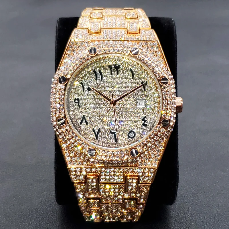 

Bling Diamond Watch Men Luxury Brand Iced Out Shiny Rose Gold Watches Hip Hop Rap Singer West Coast Jewelry Clock Dropshipping