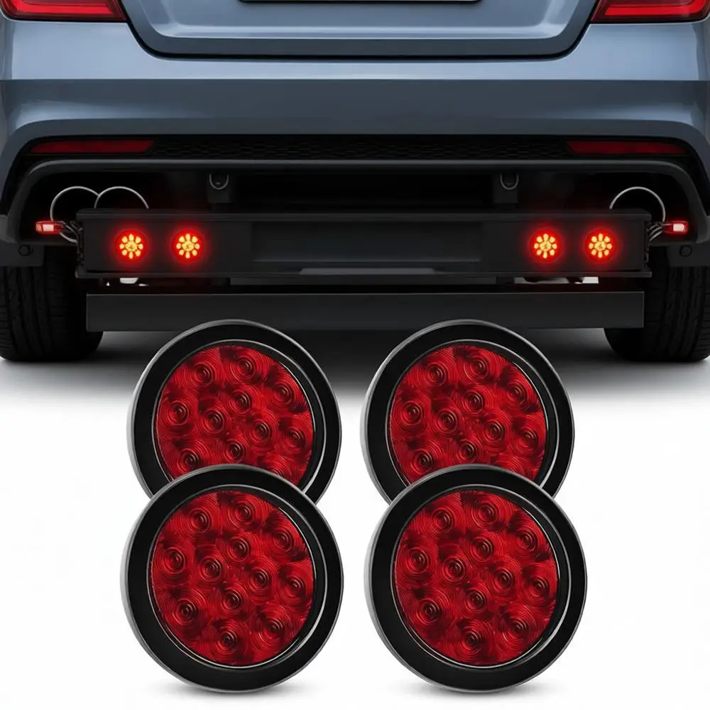 

Комплект из 4-х круглых светодиодных фонарей (4x12 LED) красного цвета: стоп-сигналы, указатели поворота, задние габаритные огни, с креплением на поверхность и втулками, IP67, для прицепов, грузовиков и автодомов