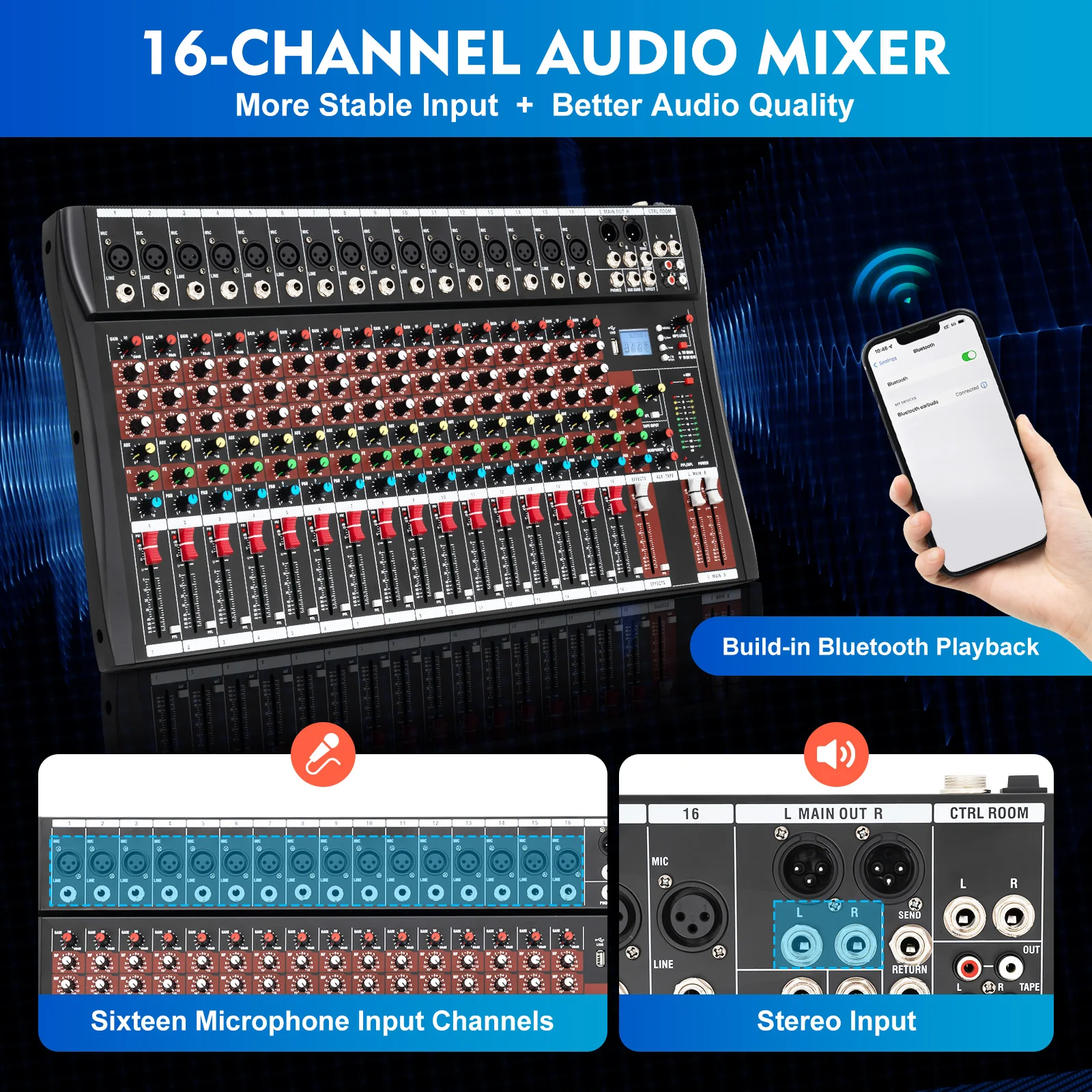 16CH Bluetooth Studio Audio Mixer Audio Interface Sound Board Mixing Console