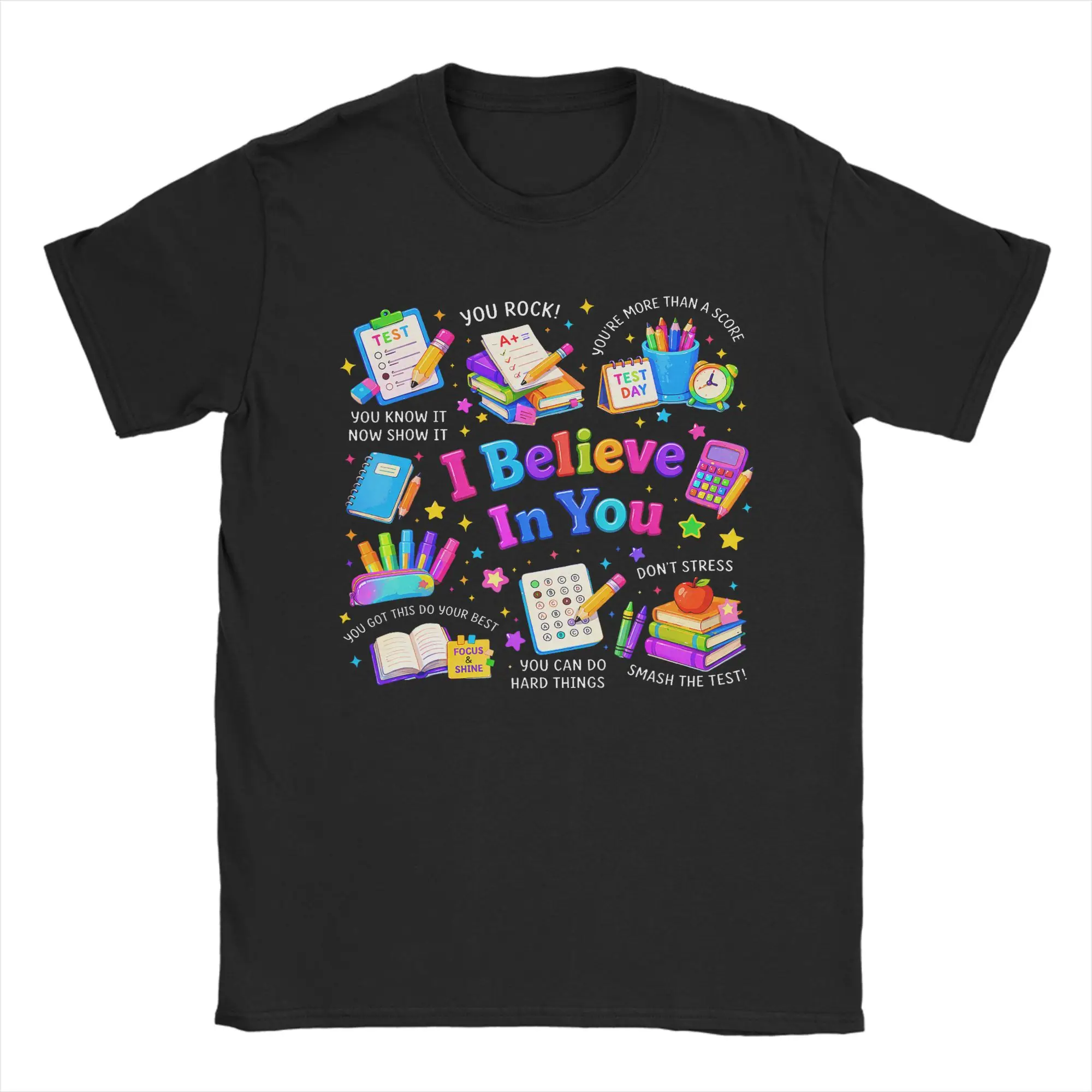 Groovy Test Day Teacher Kids I Believe in You Testing Day Funny T-Shirts Popular Tee Shirt For Mens Short-Sleeved Casual Tees
