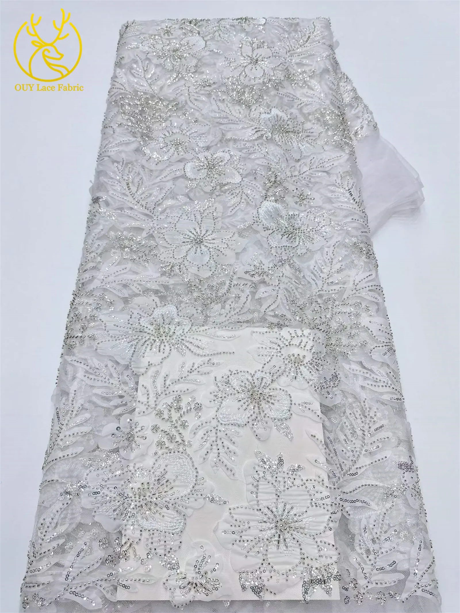 Afrikanischer bestickter Perlen-Spitzenstoff 2026 – Hochwertiger nigerianischer Pailletten-Tüll-Spitzenstoff für Brautkleider und Hochzeitskleider zum Nähen – Detail 20
