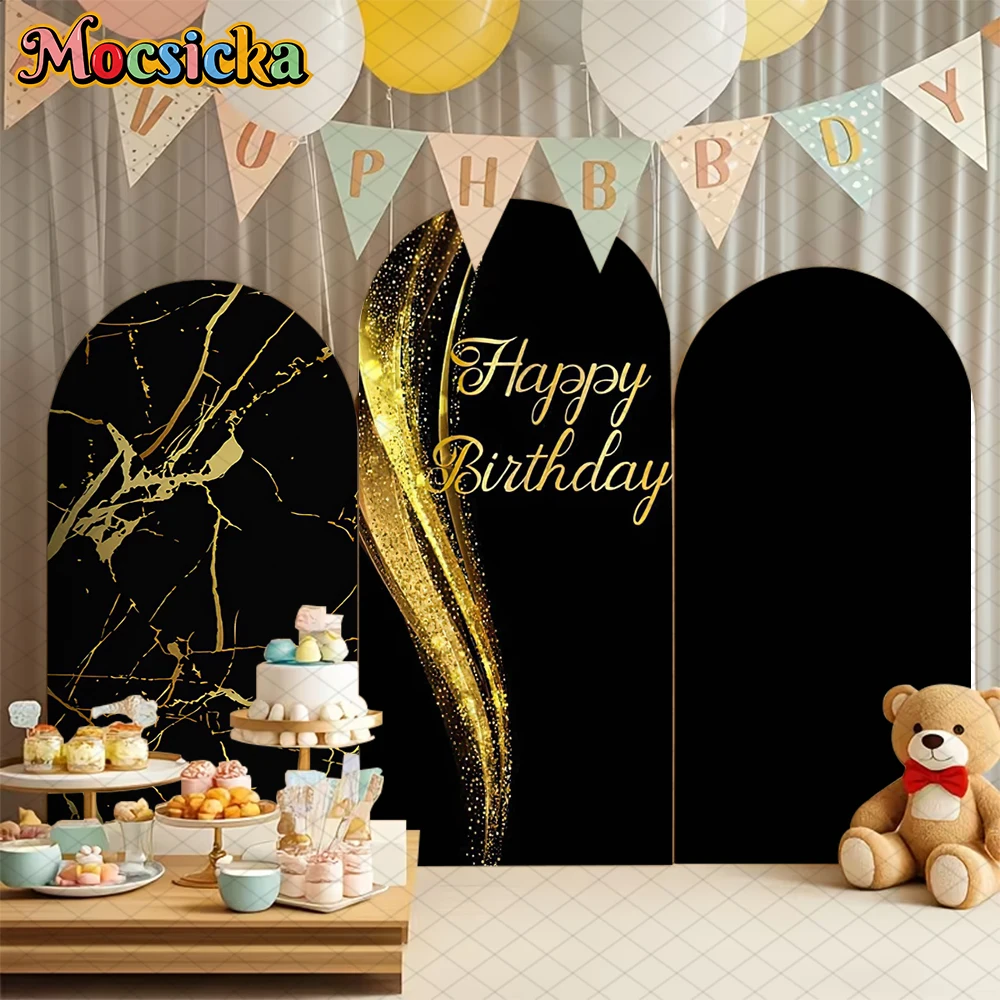 Mocsicka Black Gold Arch Backdrop Covers Baby Shower Happy Birthday Photo Arched Background Soft Fabric Double-Sided Party Decor