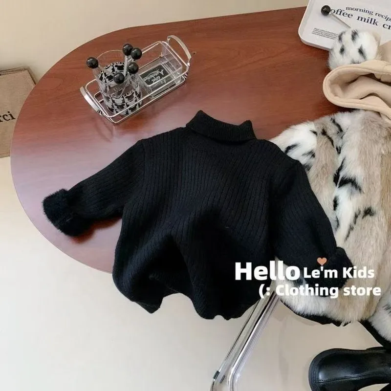 

Autumn And Winter Boys' and Girls' Sweater 2025 New Style Children's Plush Thickened Solid Color High Collar Warm Base Sweater